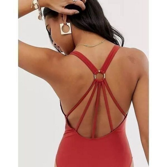 ASOS DESIGN Strappy Ring Back Swimsuit in Rust Plunge Size 2 XS - Picture 1 of 12